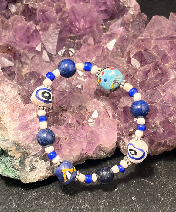 african trade beads and lapis lazuli stretchy bracelet