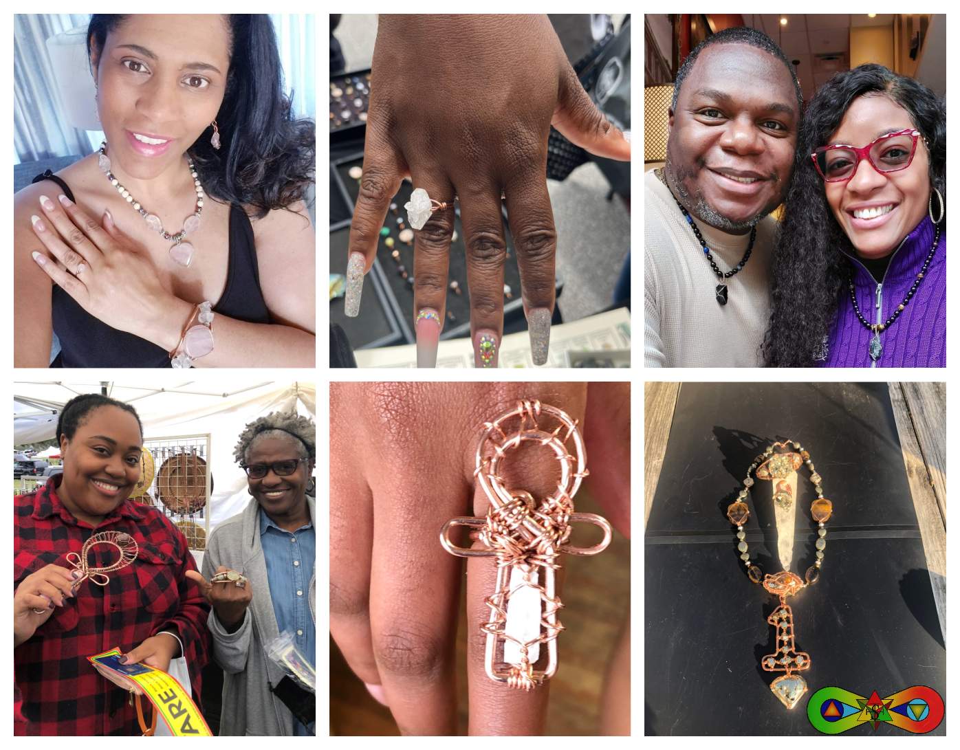 collage of 6 people happy customers wearing rings, necklaces, bracelets, and Handheld Ankhs with gemstones and crystals