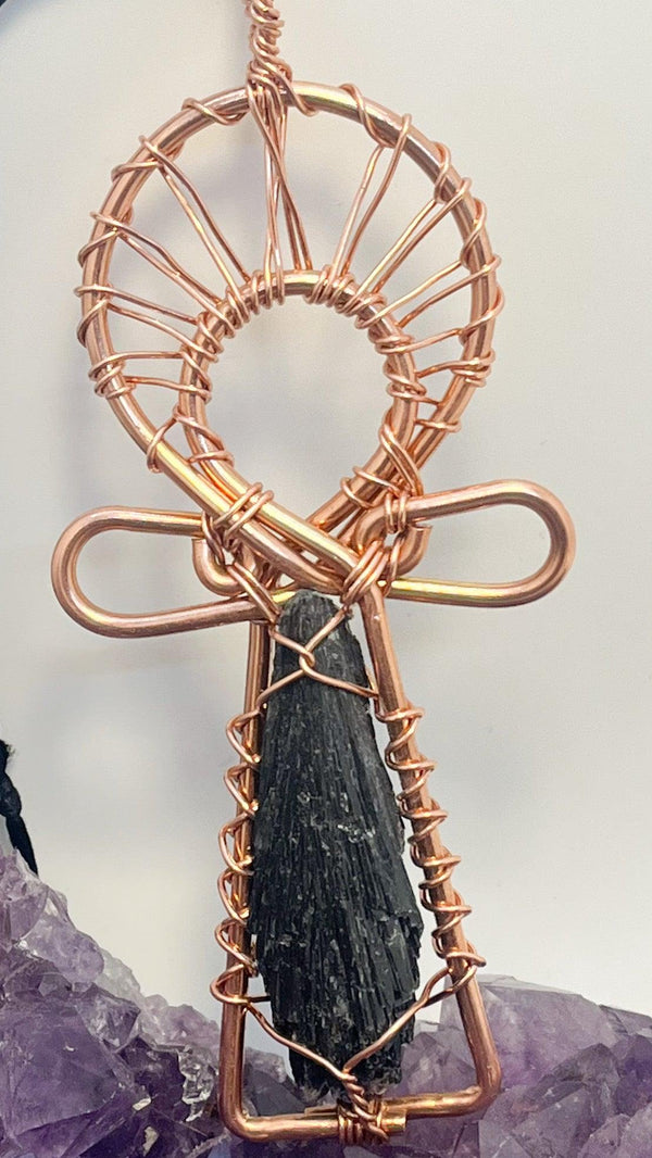 Black, kyanite, ankh, pendant, necklace, protection 