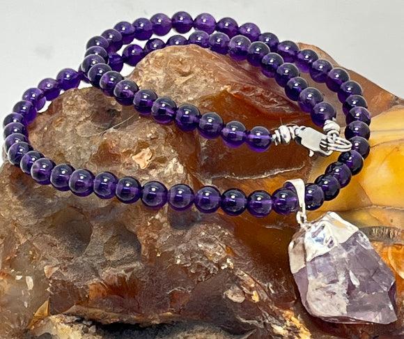 Amethyst 6mm beaded necklace with amethyst crystal pendant