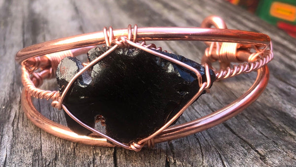 apache tear obsidian bracelet copper wire wrapped