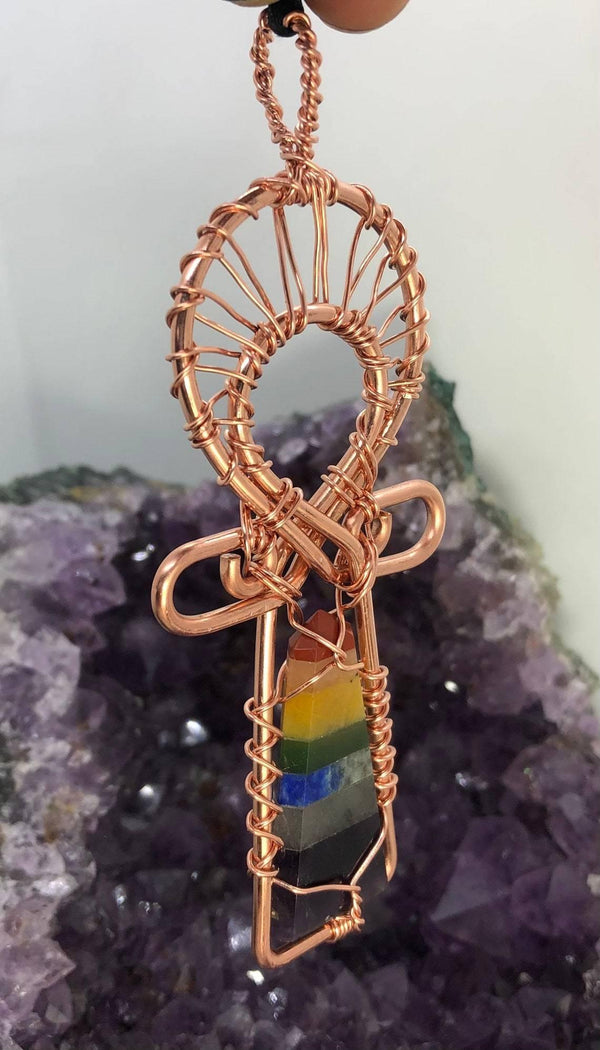 Chakra Copper Egyptian Kemetic Coptic Cross  Ankh Wirewrapped Wearable Pendant Necklace - Infinite Treasures, LLC