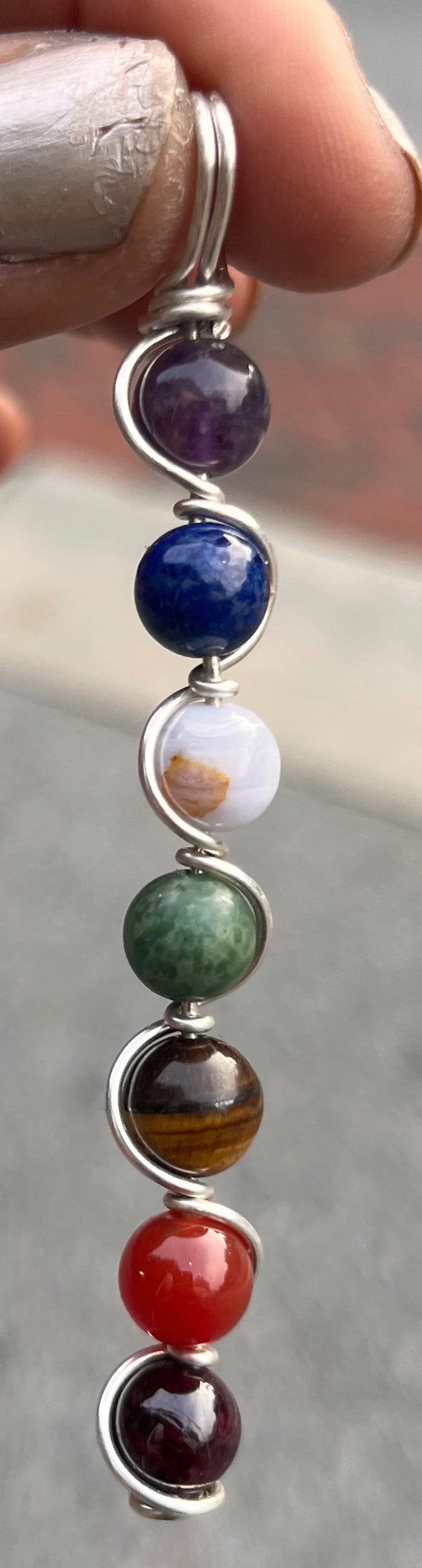 chakra gemstone pendant sterling silver with amethyst, lapis lazuli, blue lace agate, african jade, tigers eye, carnelian and garnet