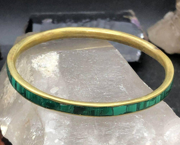 Malachite Inlaid in Solid Brass Bracelet fits 6-7 inch woman’s wrist- LAST ONE - Infinite Treasures, LLC