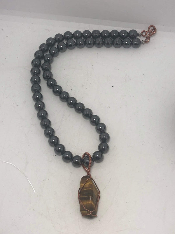 20inch Hematite Beaded necklace with Tigers Eye Wirewrapped Pendant - Infinite Treasures, LLC