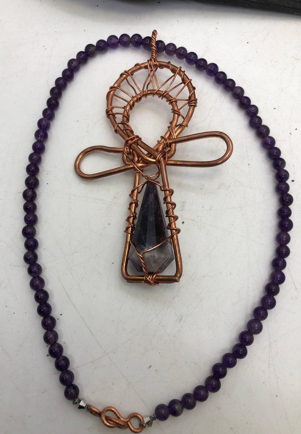 17 inch Amethyst Necklace with Amethyst Crystal Ankh Pendant Copper Necklace - Infinite Treasures, LLC