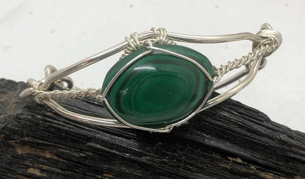 Malachite Cabochon Sterling Silver Third Eye Style Bracelet Wire wrapped Handmade - Infinite Treasures, LLC