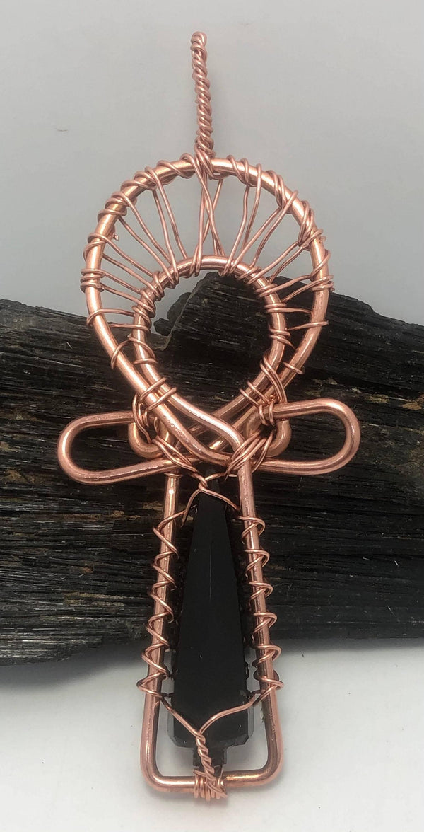 Black Obsidian Vogel Shaped  Kemetic Coptic Cross Copper Ankh Wirewrapped Pendant Necklace - Infinite Treasures, LLC