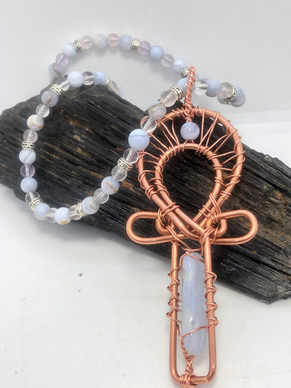 17 inch Blue Lace Agate and Crystal Necklace wIth Akh Pendant Copper Necklace - Infinite Treasures, LLC