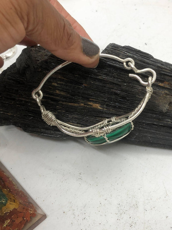 Malachite Cabochon Sterling Silver Third Eye Style Bracelet Wire wrapped Handmade - Infinite Treasures, LLC