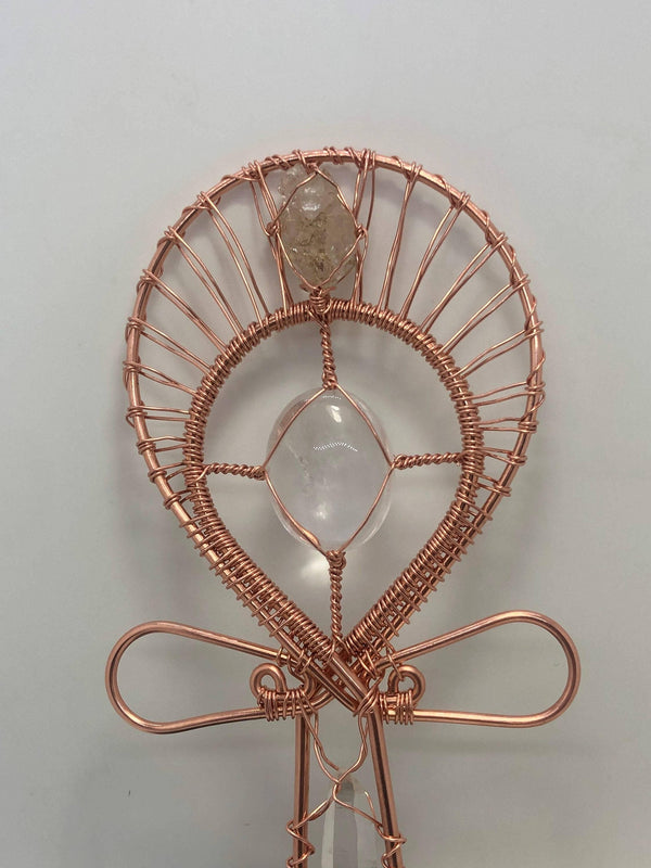 Lemurian Quartz Crystal with Moroccan Herkimer Diamond Handheld Ankh Coptic Cross Copper Hand Made - Infinite Treasures, LLC