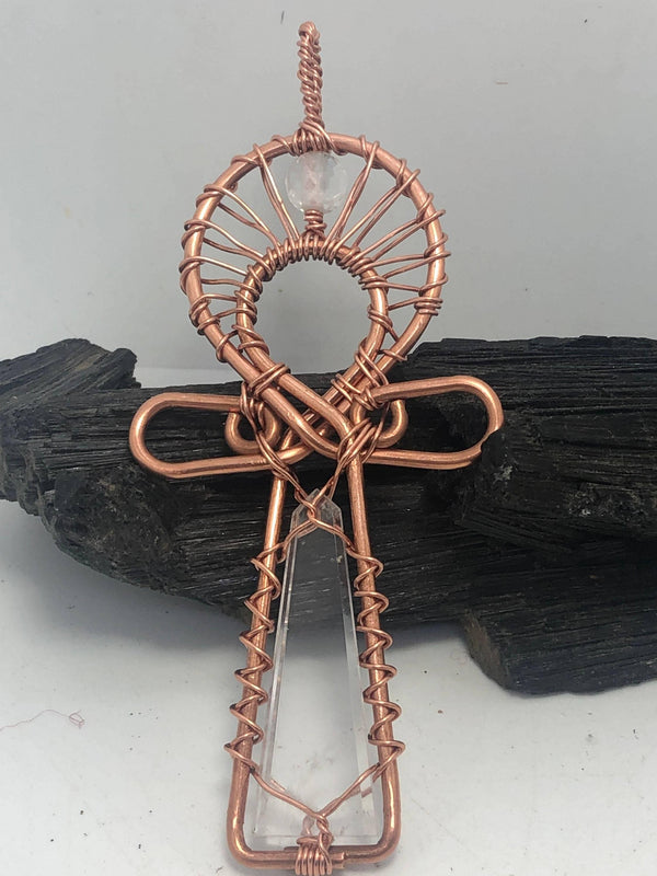 Crystal Quartz “blade”shaped Egyptian Kemetic Coptic Cross Copper Ankh Wirewrapped Pendant Necklace - Infinite Treasures, LLC