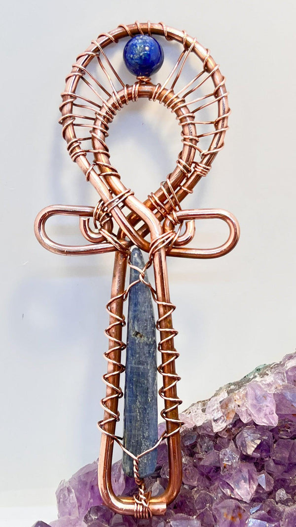 Blue Kyanite and Lapis Lazuli Copper POCKET Ankh - Infinite Treasures, LLC