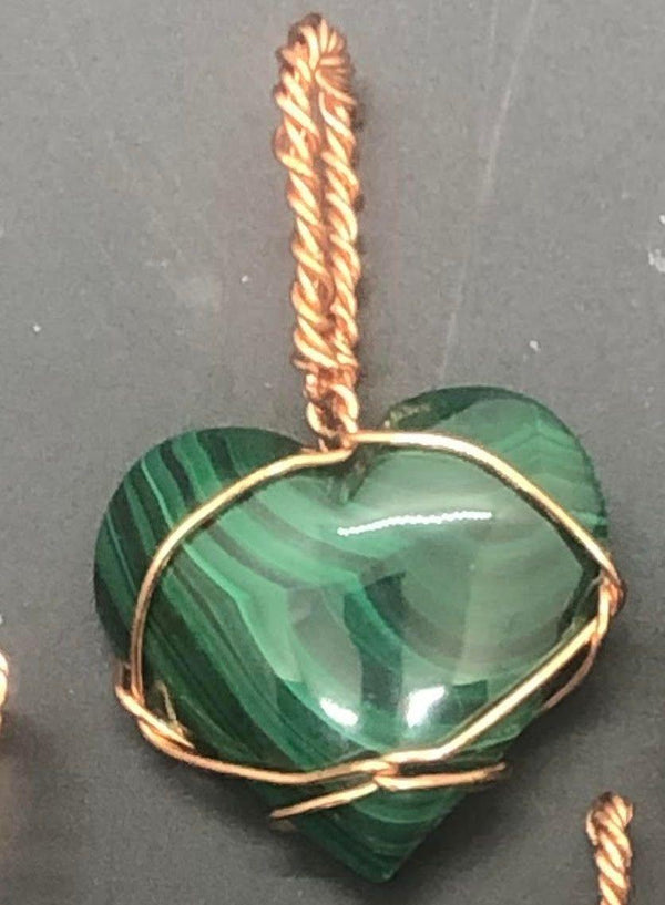 Malachite Heart Crystal Copper Wirewrapped Pendant - Infinite Treasures, LLC