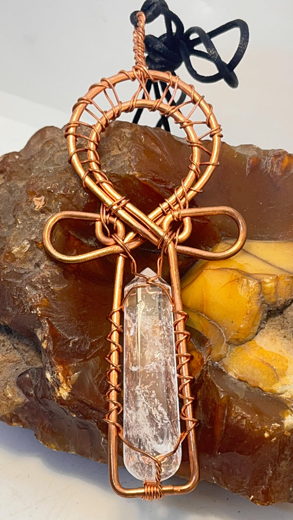 brazilian crystal clear quartz in copper ankh pendant