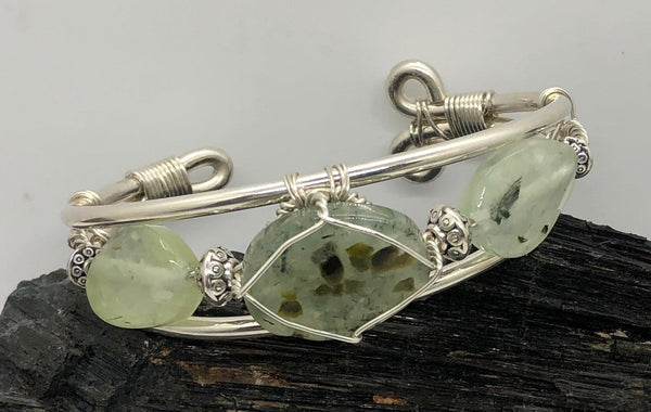 Prehnite and Tibetan Alloy Silver Beads Wirewrapped Sterling Silver Bracelet Crystal - Infinite Treasures, LLC
