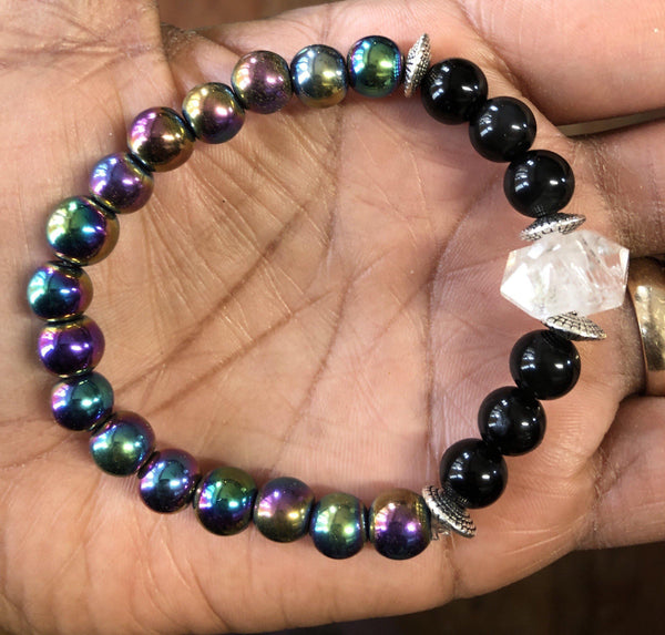 Rainbow Hematite Black Obsidian and Herkimer Diamond Stretchy Bracelet - Infinite Treasures, LLC