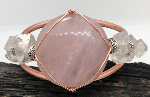 Rose Quartz and Herkimer Diamond from Morocco Handmade Copper Wirewrapped Bangle Bracelet - Infinite Treasures, LLC