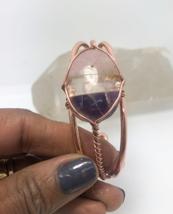 Rose Quartz, Clear Quartz and Amethyst  Copper Wirewrapped Bangle Bracelet - Infinite Treasures, LLC