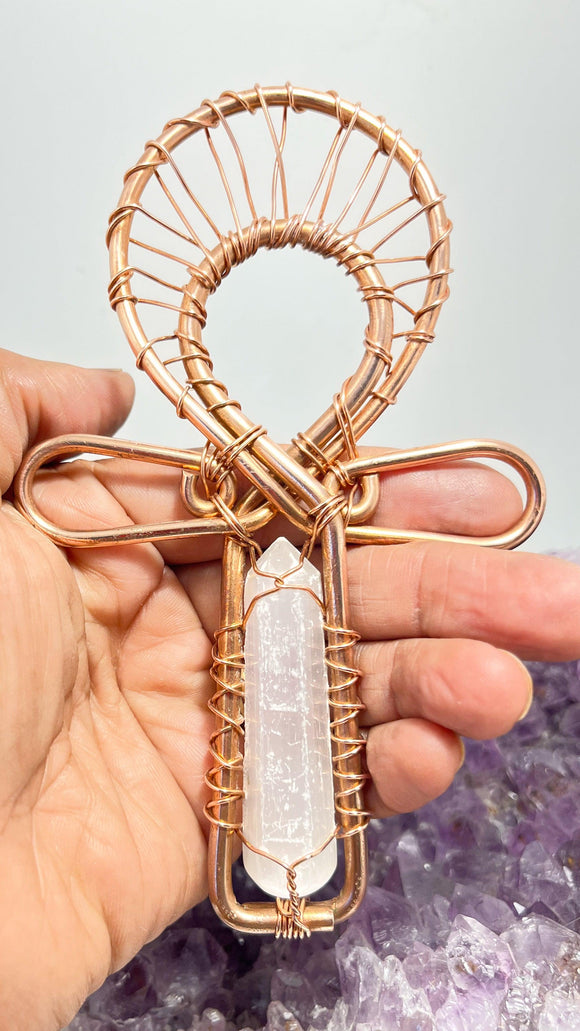Selenite crystal POCKET Ankh copper wirewrapped sacred geometry Ankh - Infinite Treasures, LLC 