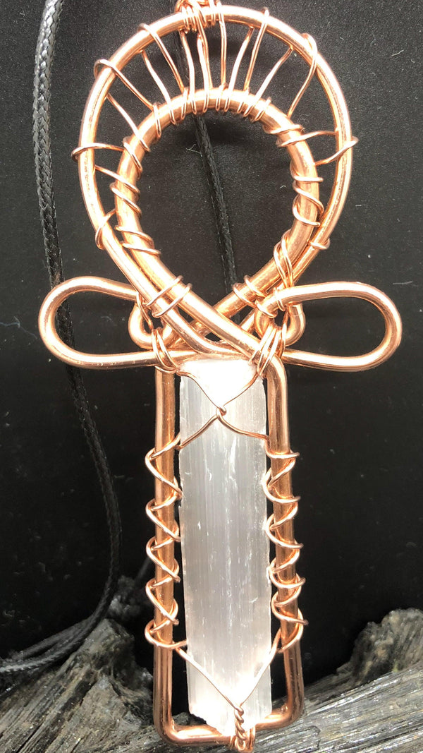selenite, ankh, crystal, necklace, pendant