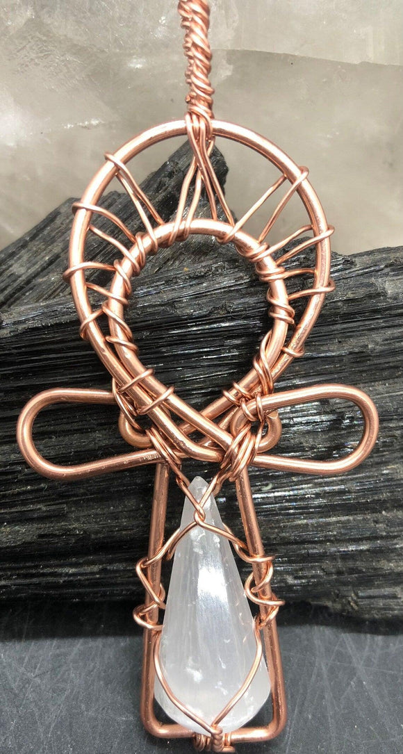 selenite, copper, ankh, pendant, wirewrapped, emf, protection, stone
