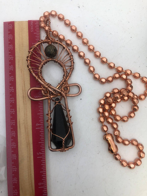Melanin Trinity of Affinity Pyrite faceted,Shungite Vogel, Copper Egyptian Kemetic Coptic Cross  Ankh Wirewrapped Wearable Pendant Necklace - Infinite Treasures, LLC