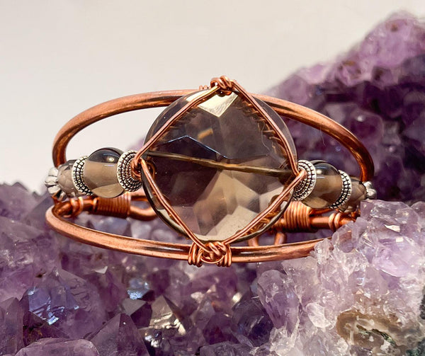 Smoky Quartz with Smoky Quartz Side Stones  Crystal Copper Bracelet Wire wrapped Handmade - Infinite Treasures, LLC