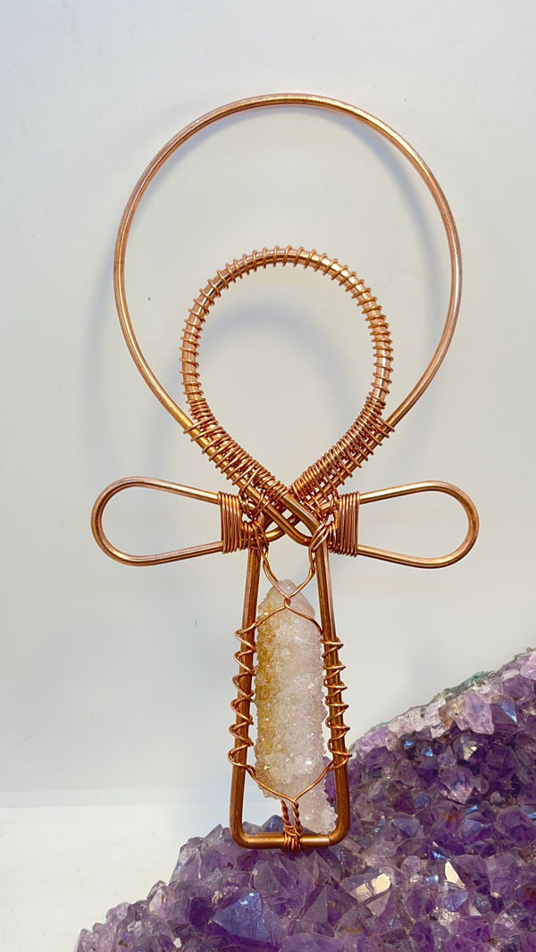 south african amethyst spirit quartz handheld copper wirewrapped ankh