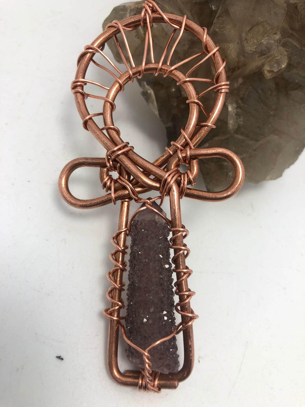 South African Spirit Quartz Egyptian Kemetic Coptic Cross Copper Ankh Wirewrapped Pendant Necklace - Infinite Treasures, LLC