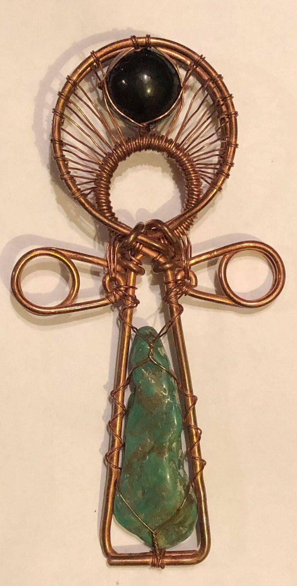 Turquoise and Shungite Shpere Crystal Handheld Ankh Coptic Cross Copper Hand Made - Infinite Treasures, LLC