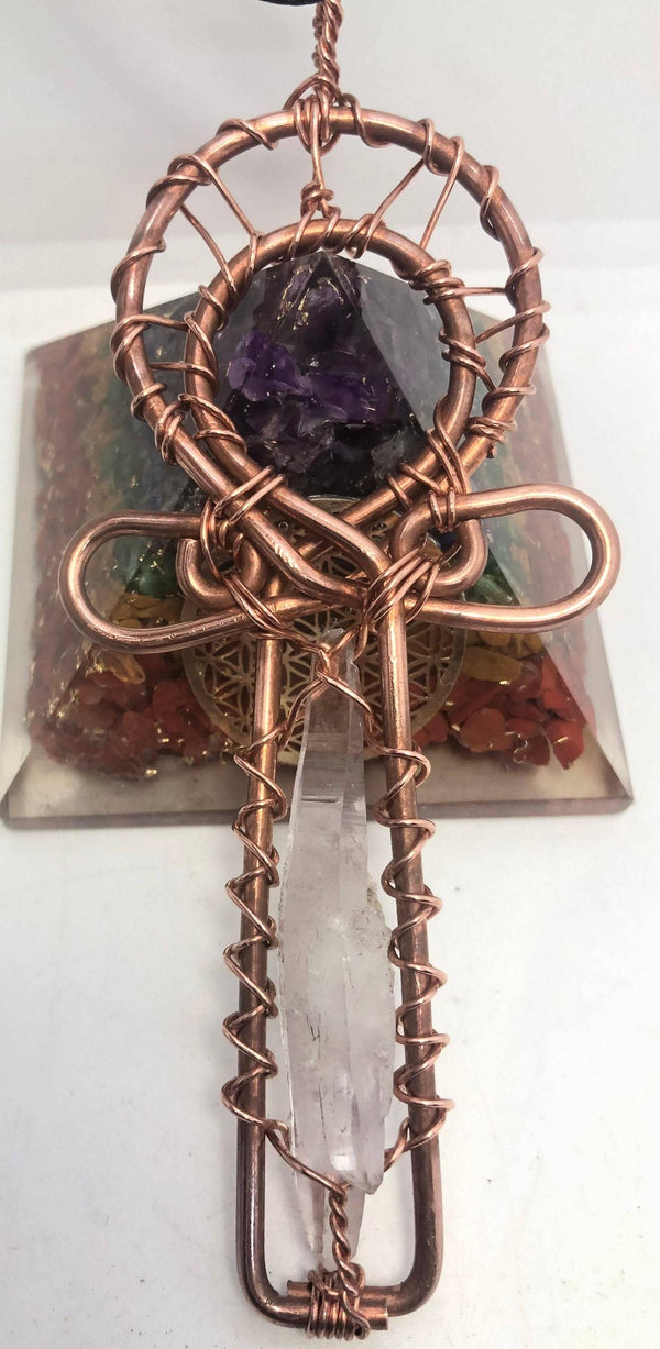 Vera Cruz Amethyst Crystals and Copper Egyptian Kemetic Coptic Cross Ankh Wirewrapped Wearable Necklace Pendant - Infinite Treasures, LLC